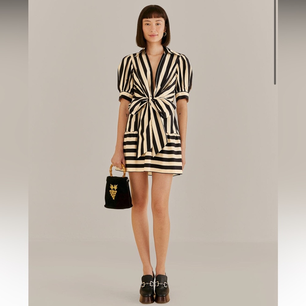 Farm Rio Black Mixed Stripes Short Sleeve Mini Dress